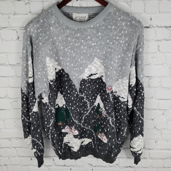 JS FASHION | vintage knit mountain scene crewneck sweater - Picture 1 of 8